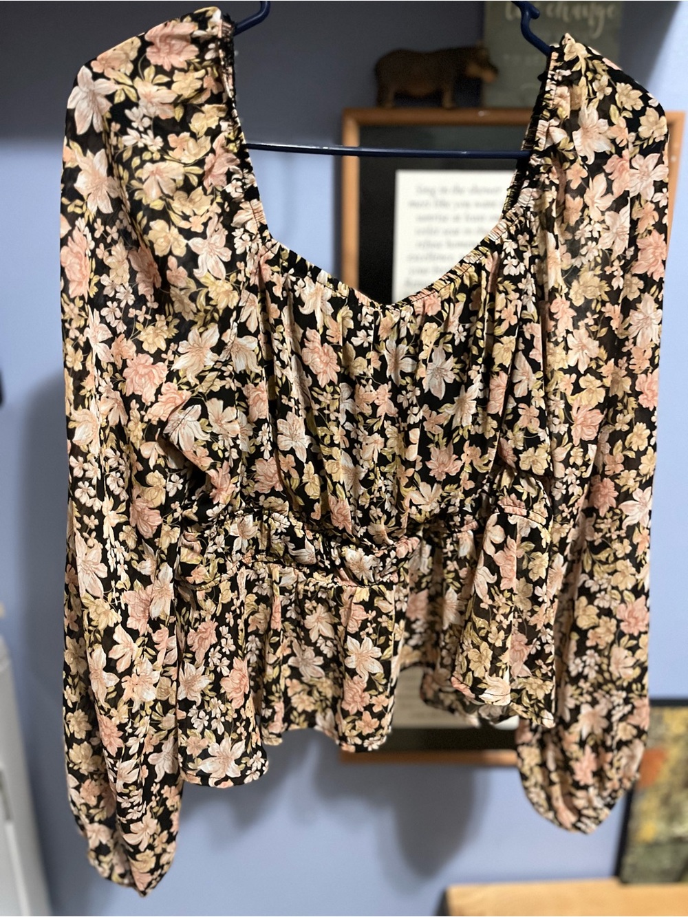 Pink Rose Black Floral Peplum Blouse with Pink & Cream Blooms